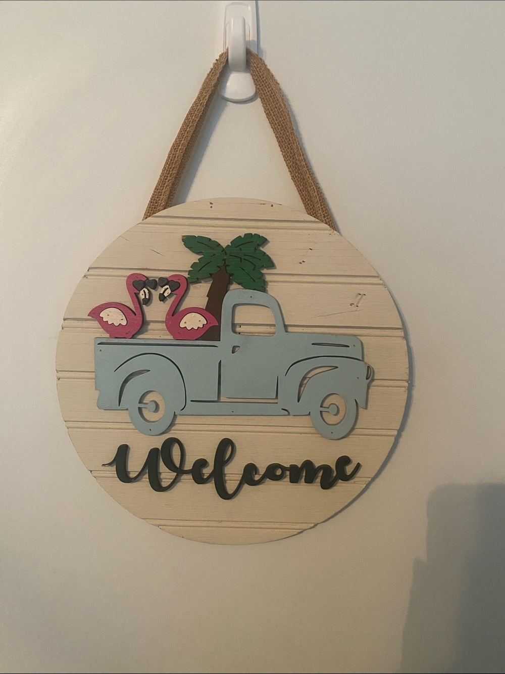 Coastal Welcome Wall Sign with Light Blue Truck and Pink Flamingos